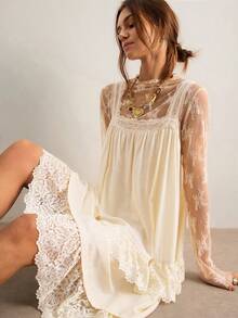 Freevana Đầm mini babydoll màu trắng kem lãng mạn phong cách Boho dành cho nữ - Cổ vuông, phối ren, dáng chữ A xòe rộng, xếp ly, chân váy xếp tầng với chi tiết ren, nhẹ nhàng, thoáng mát, thích hợp cho kỳ nghỉ hè, đi biển, hẹn hò, đêm tân hôn. - Màu be - Xem 12