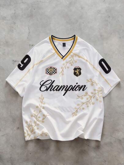 ROMWE MEN Prep Áo thun nam tay ngắn cổ chữ V in chữ, kiểu dáng thường ngày.