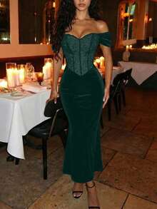 SHEIN MOD Đầm nữ thanh lịch trễ vai, đuôi cá, phối ren tương phản. - Màu xanh lá cây đậm - Xem 2