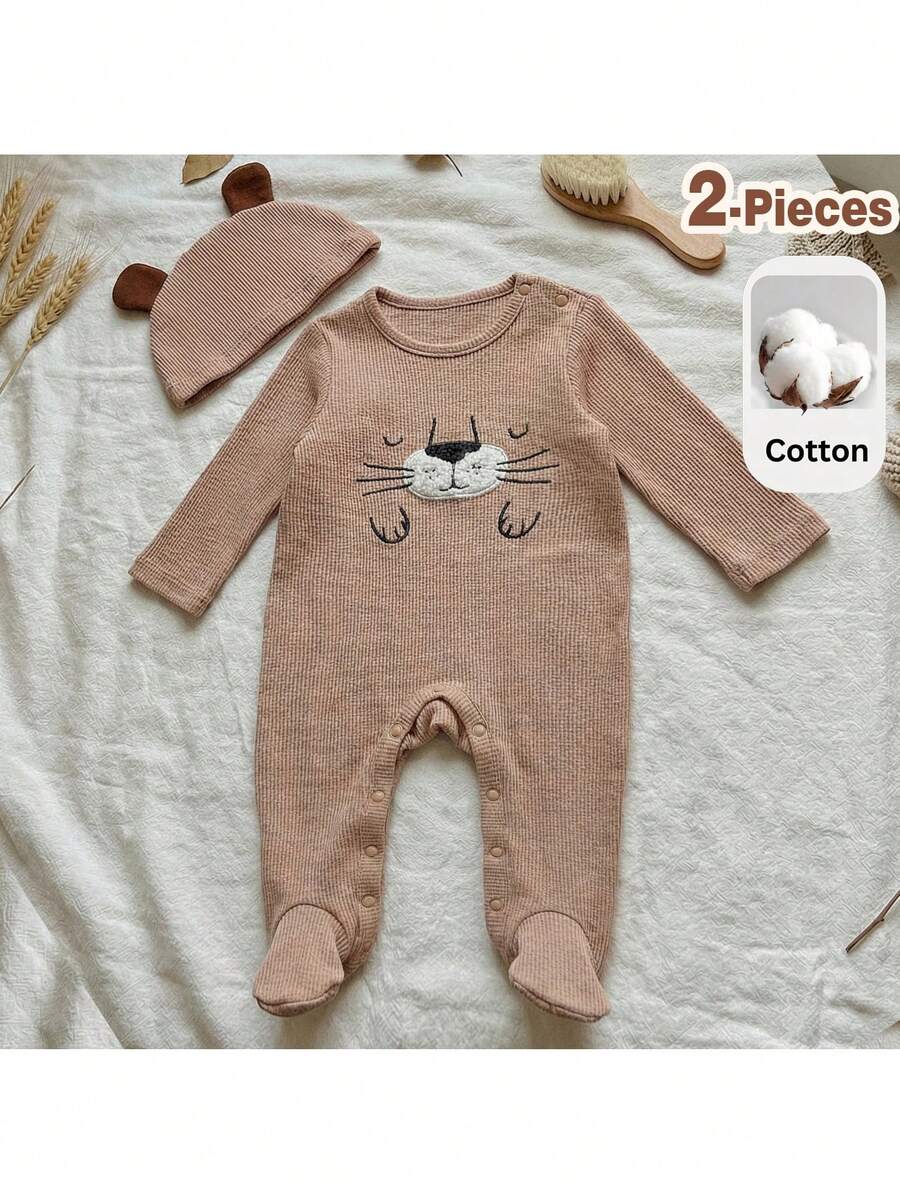 Loomiva Conjunto de 2 piezas de pelele y gorro de manga larga con cuello redondo de punto suave con estampado de oso de dibujos animados para recién nacida - Multicolor - Ver 1