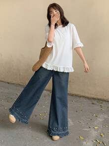 FRIFUL Women's Casual Floral Embroidered Wide Leg Jeans - Blue - View 2