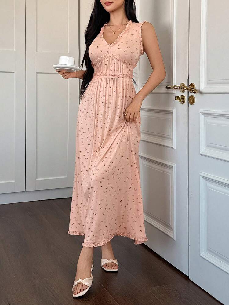 Sweet Ditsy Floral Frill Trim V-Neck Cinching Waist Long Dress, Women Summer Sleepwear