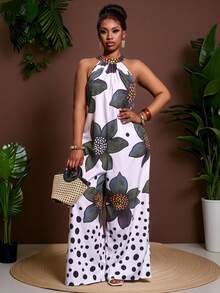 Veslaya Slayr 大码几何印花无袖阔腿连体裤，休闲度假风 - 綠色 - 查看 8