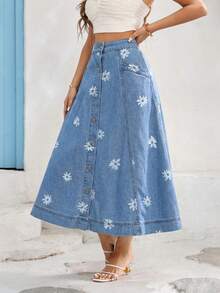 Vivid Eden Nuova gonna di jeans da donna, vita alta, stampa floreale, monopetto, gonna di jeans casual di media lunghezza, blu, gonna casual da vacanza estiva e primaverile per donne - Blu lavato medio - Visualizzare 5