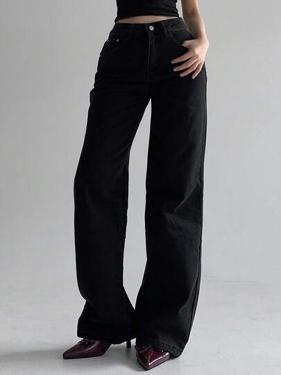 DAZY 女士高腰口袋直筒宽松休闲百搭牛仔裤