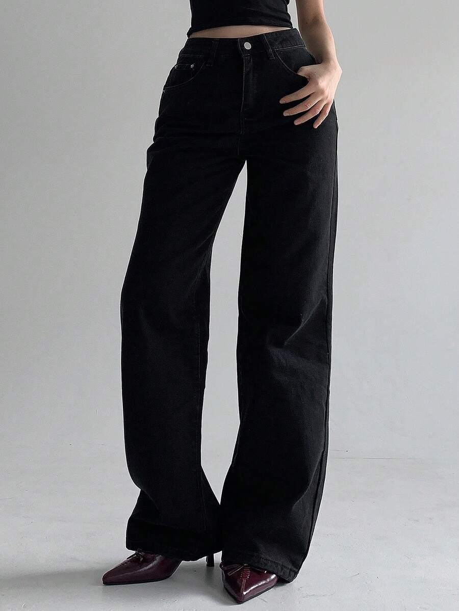 DAZY Women's High Waist Pockets Straight Loose Casual Versatile Jeans - Black - View 1