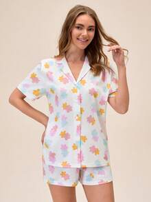 EURMUSE Cute Floral Print Button Detailed Relaxing Pijama Set - Multicolor - View 3