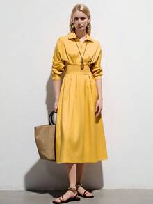 Aveloria Modichic Fashionable Design Sense Elegant Versatile Slimming Waist Solid Color Long Sleeve Dress - Yellow - View 1