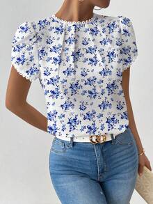 Pariaura Women's Elegant Casual Floral Print Ruffle Collar Petal Sleeve Blouse - Blue - View 1