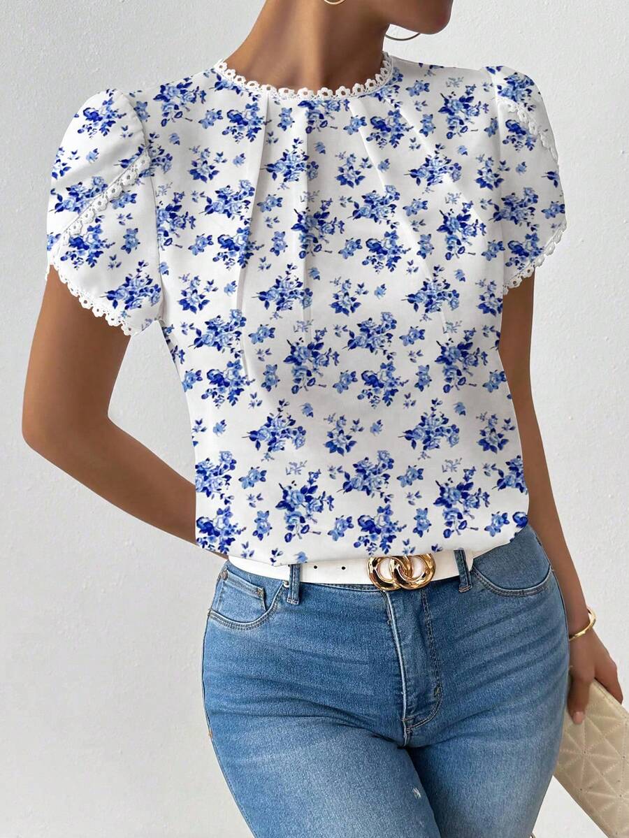 Pariaura Women's Elegant Casual Floral Print Ruffle Collar Petal Sleeve Blouse - Blue - View 1