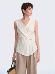 Aalyst Women's Summer Casual Solid Color Wrap Sleeveless Shirt - Apricot - View 6