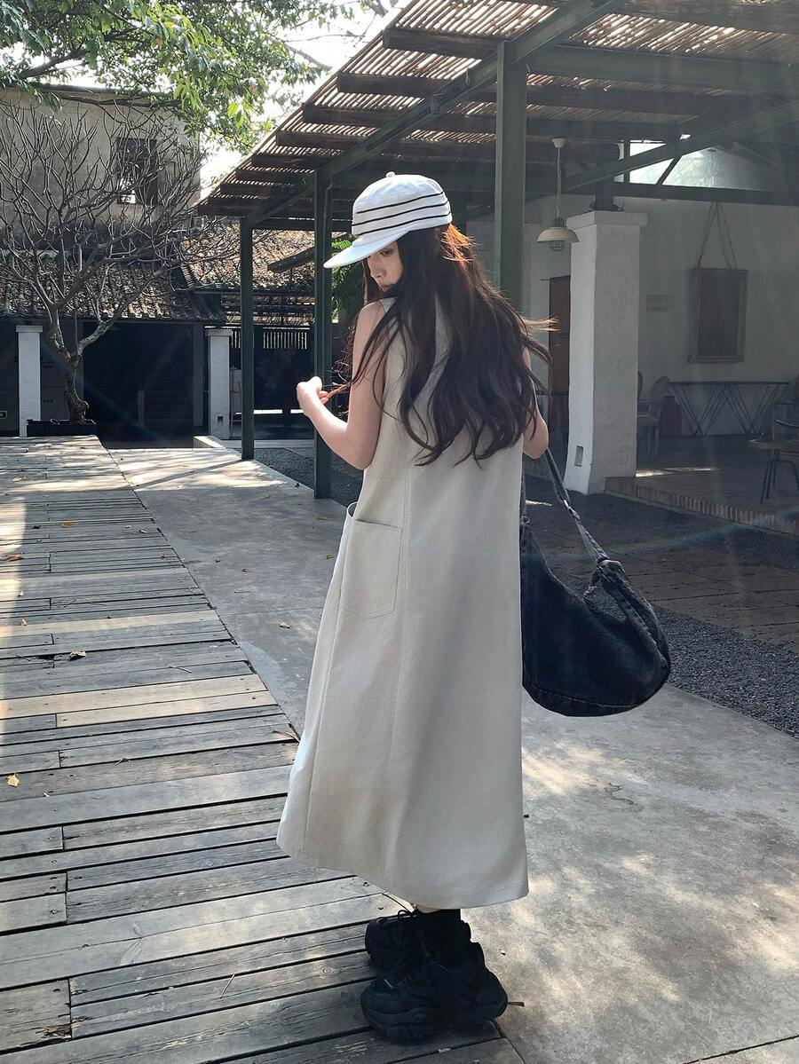 DAZY 女士法式复古天丝防牛仔双口袋碎花中长连衣裙，简约设计无袖垂褶长款牛仔连衣裙 - 黑色 - 查看 1