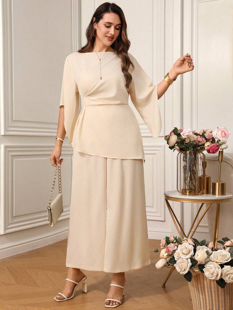 Plus Size Women's Champagne Color Elegant Top And Pants Set, Suitable For Wedding, Party, Commute, Spring/Summer, Summer Outfits,Pring Clothes Women,Weddings & Events,Elegant Women's Set,Formal Attire For Women,Spring Clothes Women,Elegant Women's Set,Graduation Outfit For Mother,Party Outfit ,Weddings & Events,Work Outfits For Women
