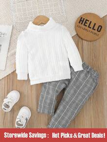 Baby Solid Turtleneck Sweatshirt & Plaid Trousers - Multicolor - View 1