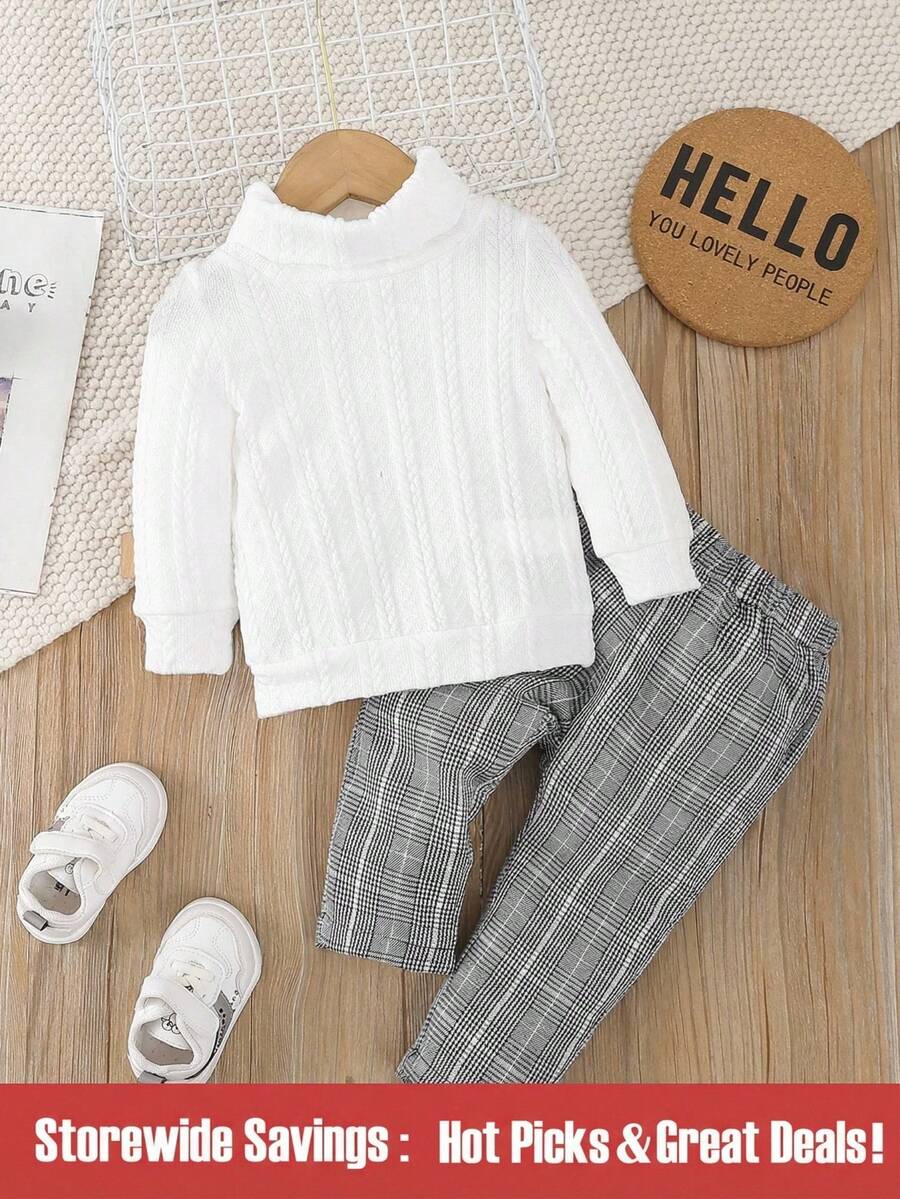 Baby Solid Turtleneck Sweatshirt & Plaid Trousers - Multicolor - View 1