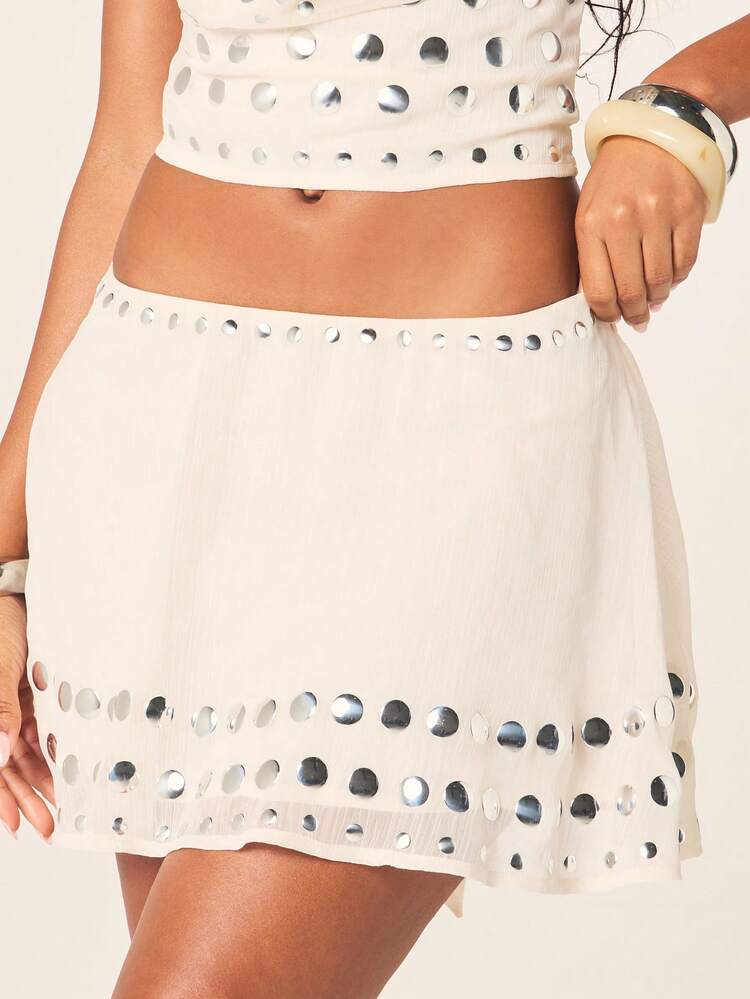 MISSGUIDED Women's White Chiffon Mini Skirt With Hotfix Metal Stud Detail Skater Style Flared Hem Summer Festival Casual