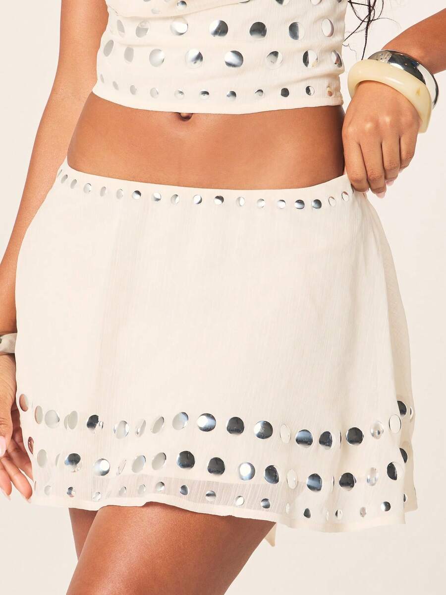 MISSGUIDED Women's White Chiffon Mini Skirt With Hotfix Metal Stud Detail Skater Style Flared Hem Summer Festival Casual - Beige - View 1