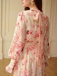 ZEYLAH Ladies' Elegant Floral Print Dress With A Tie-Neck For Dates And Parties - Pink - View 3