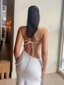 leahseptember White Ball Gown Spaghetti Strap Backless Tight Draped Neck Long Women's Dress,White Graduation Dress,Summer Dresses For Women White Sexy Dresses, Summer Dresses, Valentine's Day Outfits, Carnival Costumes, Party Dresses, Beach Dresses, Vacation Outfits, Casual Wear, Bridesmaid Dresses Sexy Backless Women's Clothing - White - View 6