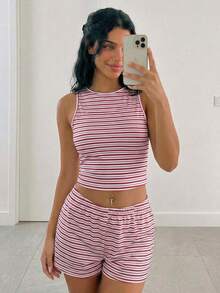 Sweetina Women Striped Round Neck Cropped Tank Top And Shorts 2 Pieces Casual Set - Red - View 1