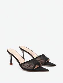 Eladyva Sandalias de tacón alto con decoración de cristales para mujer, puntera afilada, atractivas para fiesta/boda, verano, tacones transparentes de malla con cristales negros - Negro - Ver 7