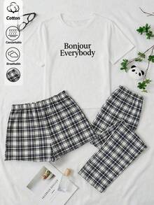 EURMUSE Bộ đồ ngủ nữ 3 món bằng cotton, gồm áo ngắn tay in chữ và quần dài/ngắn họa tiết kẻ caro, thoải mái khi mặc ở nhà. - Nhiều màu - Xem 5