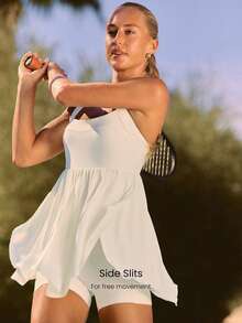 GLOWMODE 自信满满，内置胸垫，超高腰，后背扭结设计，侧开衩下摆，内置短裤，侧边口袋，防滑设计，圆领娃娃衫连衣裙，日常休闲装 - 白色 - 查看 7