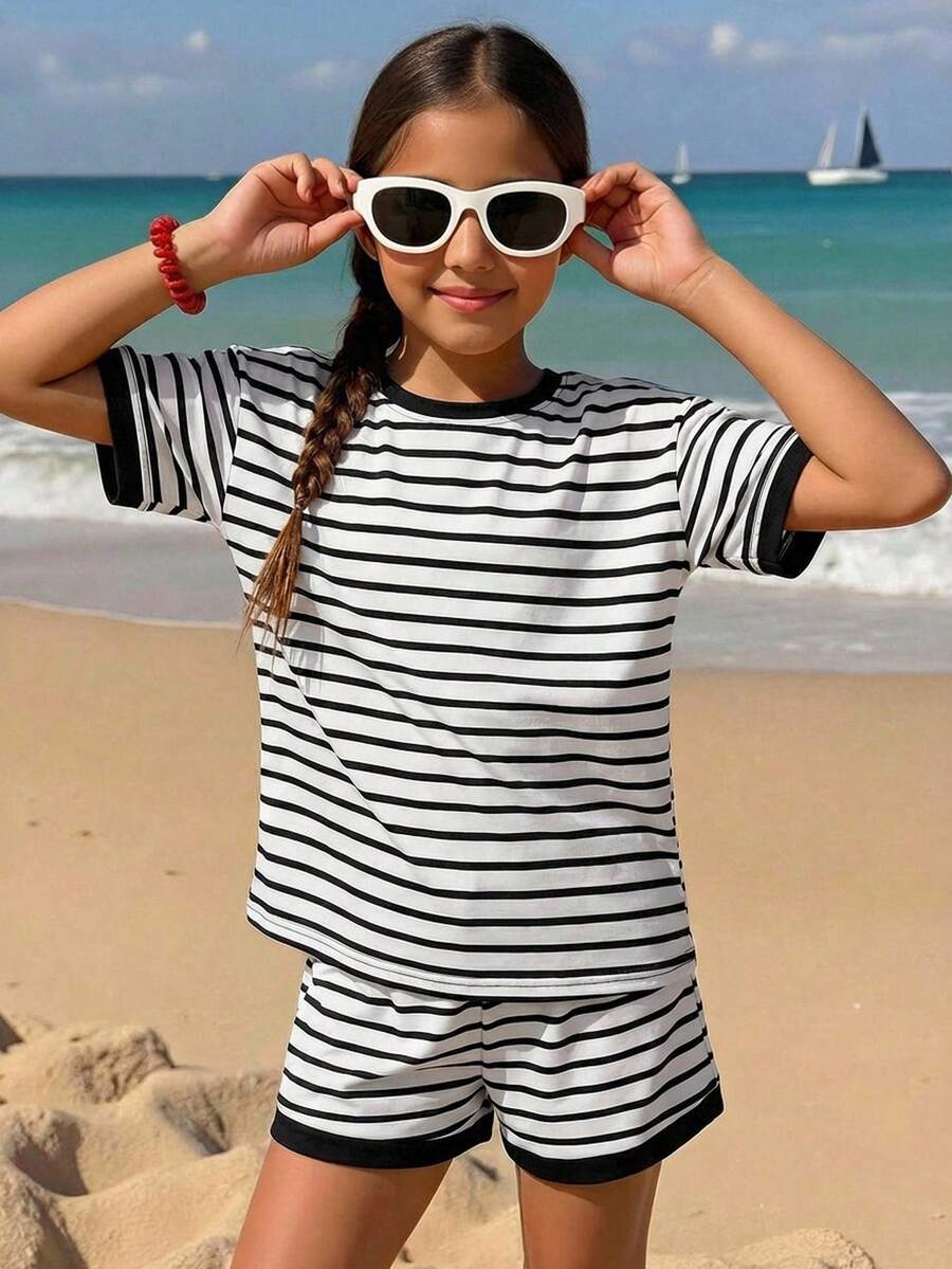 少女黑白条纹宽松两件套，休闲度假时尚百搭，姐妹装，适合公园露营、家庭合影、派对、日常穿着 - 黑與白 - 查看 1