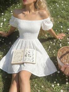 KARISMINA 女士优雅浪漫露肩白色刺绣连衣裙，适合春夏度假 - 白色 - 查看 16