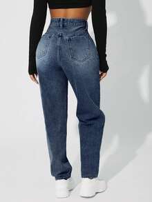 SHEIN PETITE Quần jeans nữ cạp cao, có túi, ống côn, kiểu dáng thường ngày, đa năng. - Màu xanh lam - Xem 5