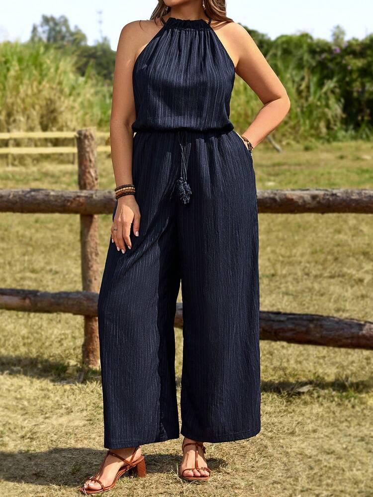 Plus Size Women's Summer Casual Vacation Country Solid Navy Blue Jumpsuit With Pockets,Summer Outfits For Women ,Vacation Outfits Women ,Holiday Outfits For Women,Going Out Outfits,2026 New Clothes,Simple And Fashionable For Everyday Wear,Suitable For Summer, Vacation, Daily Wear, Festival Outfits For Women,Country Concert Outfit,Beach Outfits For Women,Western Style