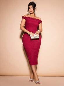Cravure Plus Size Elegant 3D Floral Dress, Chiffon Sleeves, Burgundy, Suitable For Valentine's Day, New Year Holiday - Burgundy - View 6