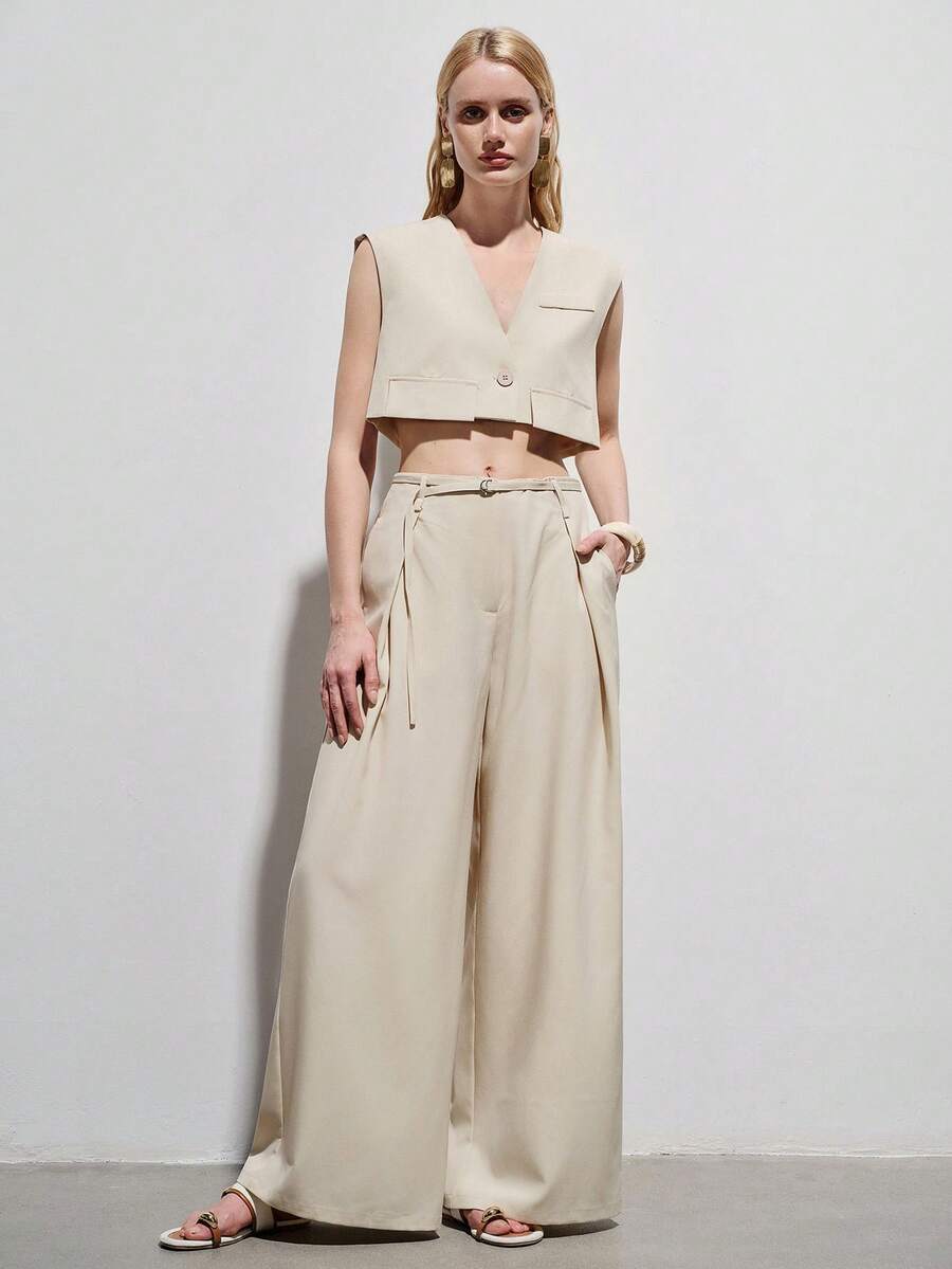 Aveloria Modichic 简约优雅女士通勤现代百搭无袖单扣短款背心套装，搭配不对称腰带宽松阔腿西装裤 - 杏色 - 查看 1