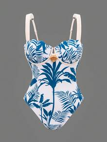 Swim Oasis Women's Sexy Underwire Padded Shell Shaped Coconut Tree Printed One-Piece Swimsuit + Matching Printed Mesh Skirt, Spring/Summer - Multicolor - View 6