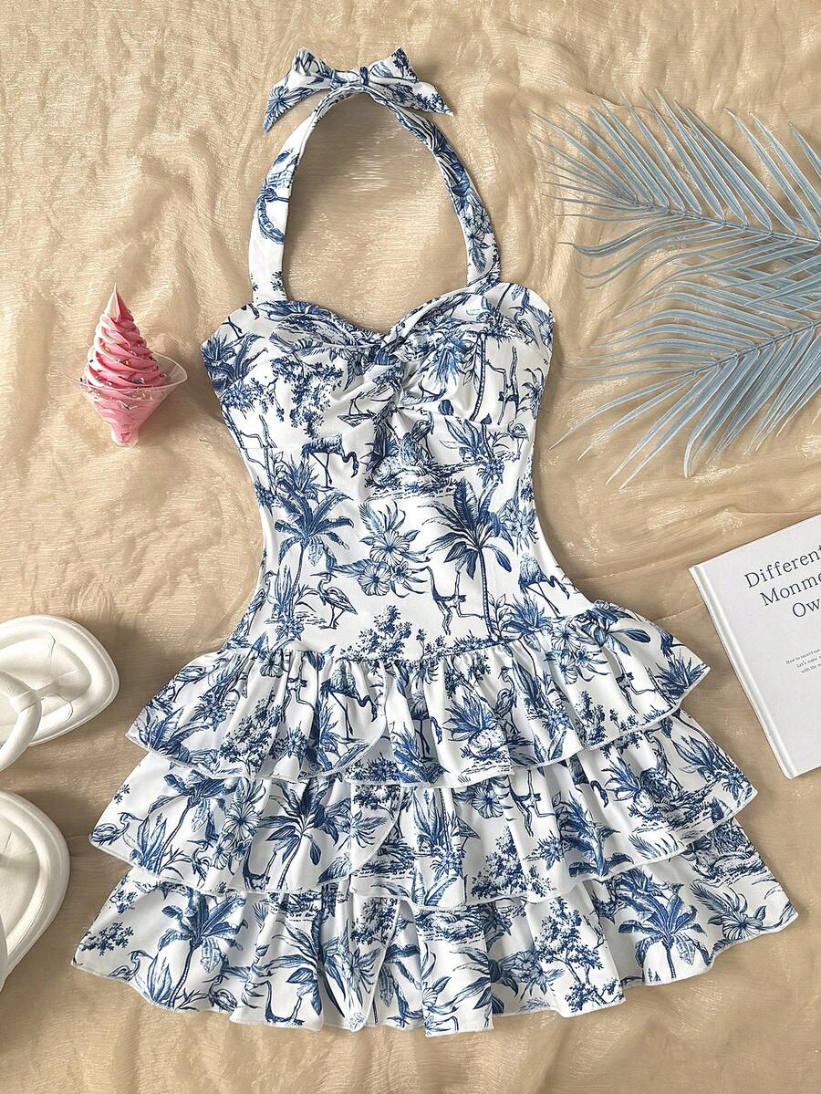 少女碎花露背休闲度假连衣裙，适合度假女孩的夏威夷风情连衣裙，海洋风情连衣裙，层叠式连衣裙，女士夏季服装，层叠式连衣裙，夏季连衣裙，迷你连衣裙，夏季度假服装，夏季连体连衣裙，夏季度假服装连衣裙 - 藍白色 - 查看 1