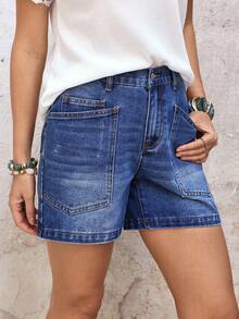 EMERY ROSE Pantalones cortos vaqueros de pierna recta con bolsillos parche lavados para mujer, de verano - Azul - Ver 6