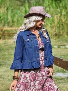 EMERY ROSE Women's 3/4 Sleeve Flare Cuff Single-Breasted Ruffle Hem Denim Jacket - Medium Wash - View 4