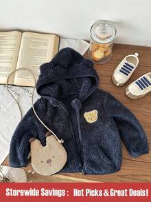 SHEIN 男婴幼儿新生儿0-3岁可爱休闲日常百搭泰迪熊刺绣羊毛连帽夹克 - 藍色 - 查看 1