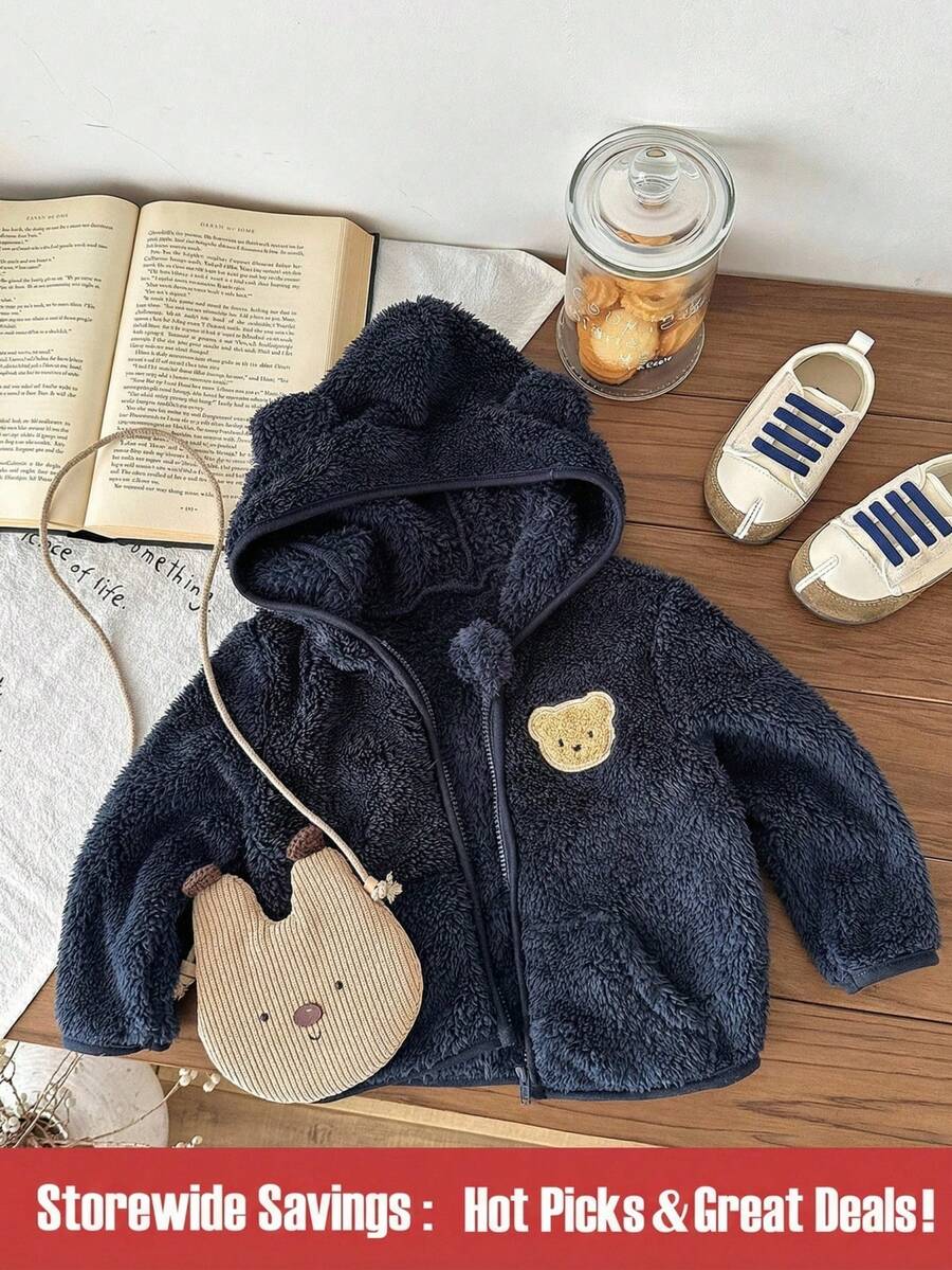 SHEIN 男婴幼儿新生儿0-3岁可爱休闲日常百搭泰迪熊刺绣羊毛连帽夹克 - 藍色 - 查看 1