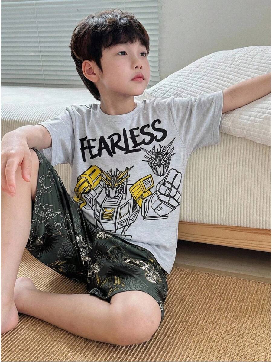 男童休闲机器人图案印花短袖T恤和短裤睡衣套装(2件套) - 灰色 - 查看 1