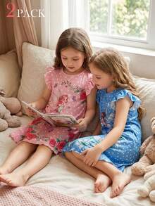 Set de 2 piezas de camisón y ropa de estar informal con volantes en las mangas para niña, para primavera/verano - Multicolor - Ver 4