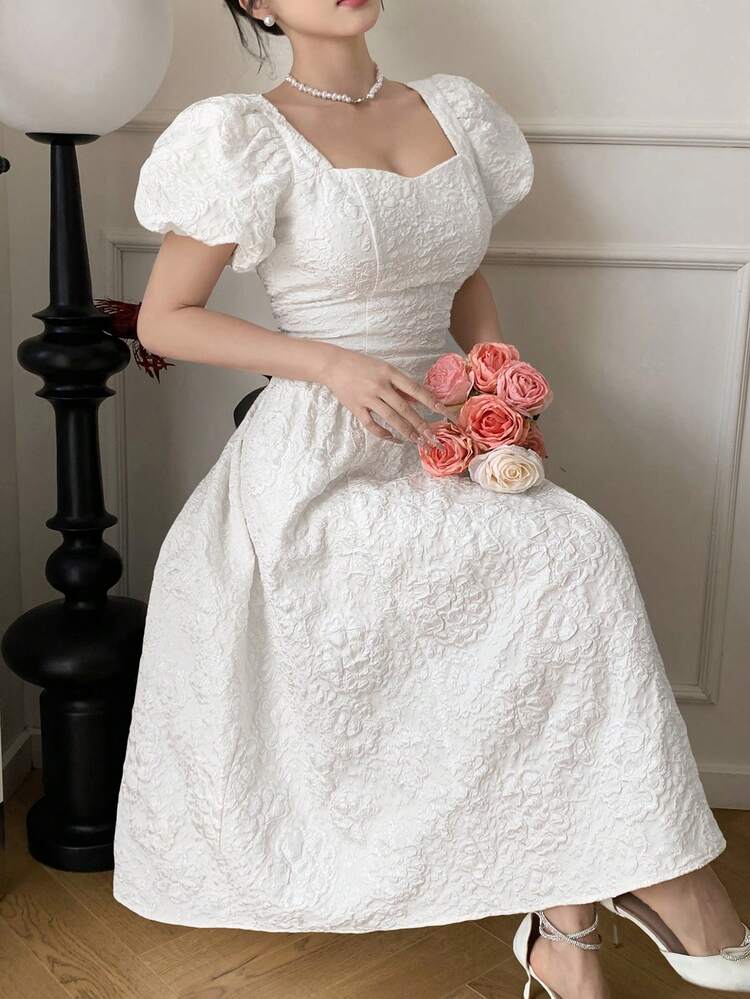 Tall Women's Elegant Waist-Cinched Puff Sleeve Long Dress, White, Textured Fabric Sundress