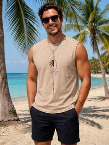 VIVINTIMO 男士休闲太阳印花无袖背心，夏季 - 卡其色 - 查看 3