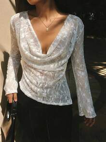 Firerie Women's Fashion Plunging Neck Asymmetrical Hem Semi-Sheer Lace Blouse - White - View 1