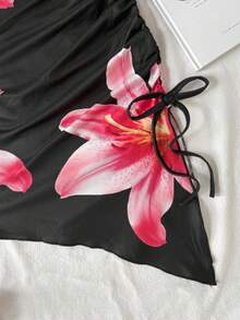 SHEIN Đầm cổ yếm vạt lệch vạt in hoa cho bé gái tuổi teen, thích hợp cho kỳ nghỉ. - màu đen - Xem 2