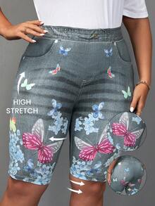 EMERY ROSE Plus Size Women Butterfly Print Casual Short Leggings - Grey - View 2