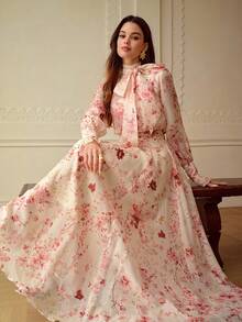 ZEYLAH Ladies' Elegant Floral Print Dress With A Tie-Neck For Dates And Parties - Pink - View 1