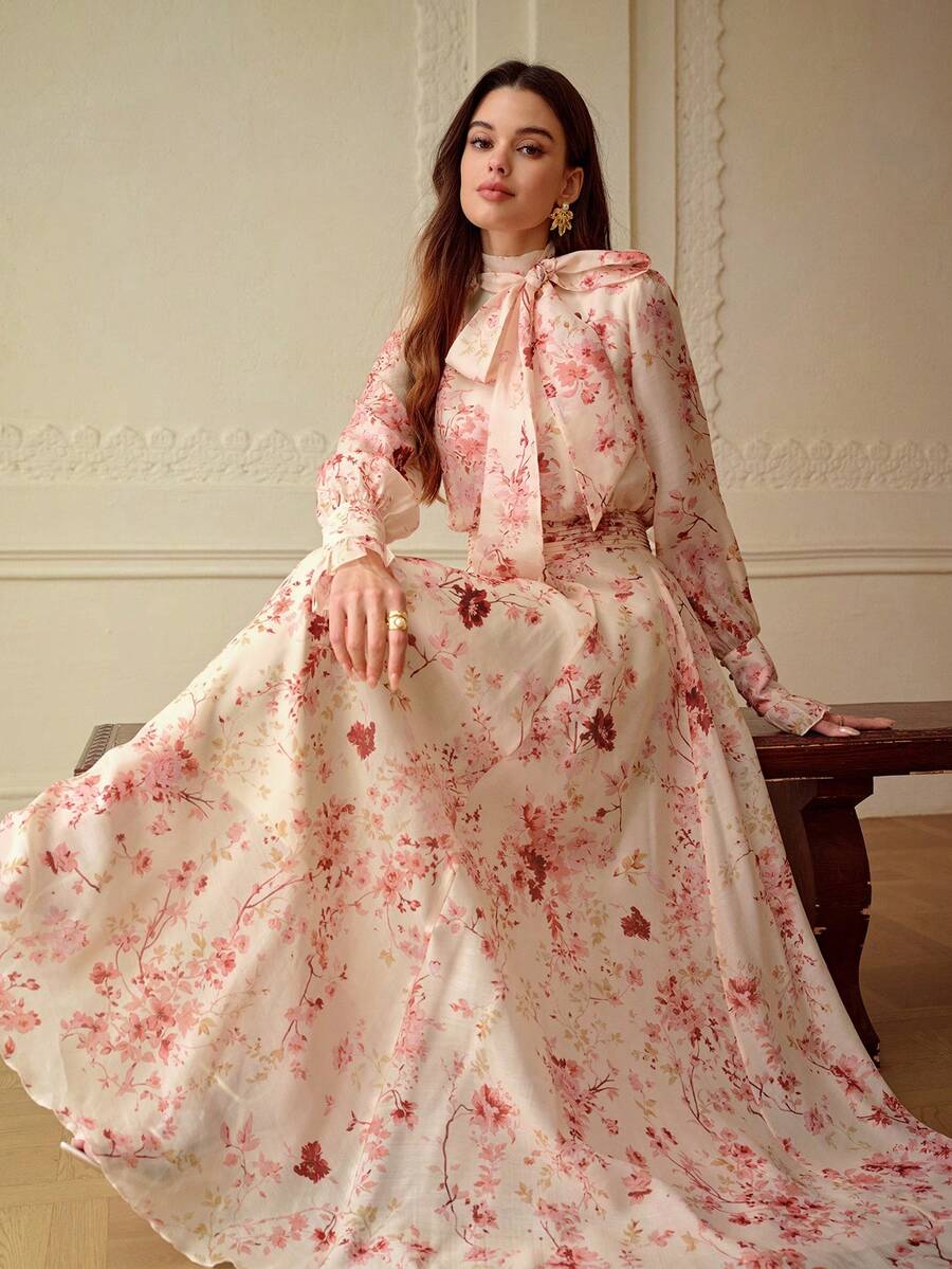 ZEYLAH Ladies' Elegant Floral Print Dress With A Tie-Neck For Dates And Parties - Pink - View 1