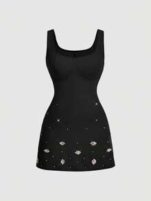 SHEIN MOD Đầm ngắn màu hồng bóng bẩy, sang trọng, đính đá lấp lánh dành cho nữ cỡ lớn, thích hợp cho ngày Valentine và tiệc sinh nhật. - màu đen - Xem 3