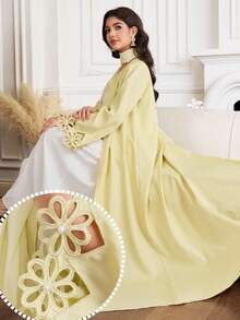 Al Najma Women's Floral Hollow Design Long Sleeve Elegant Abaya - Yellow - View 1